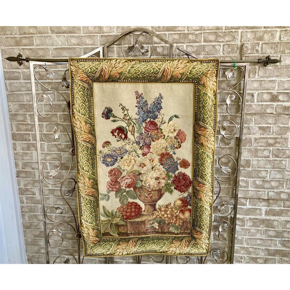 Large Italian Floral Tapestry w/ Ornate Arrowhead Metal Hardware 45” x 30”